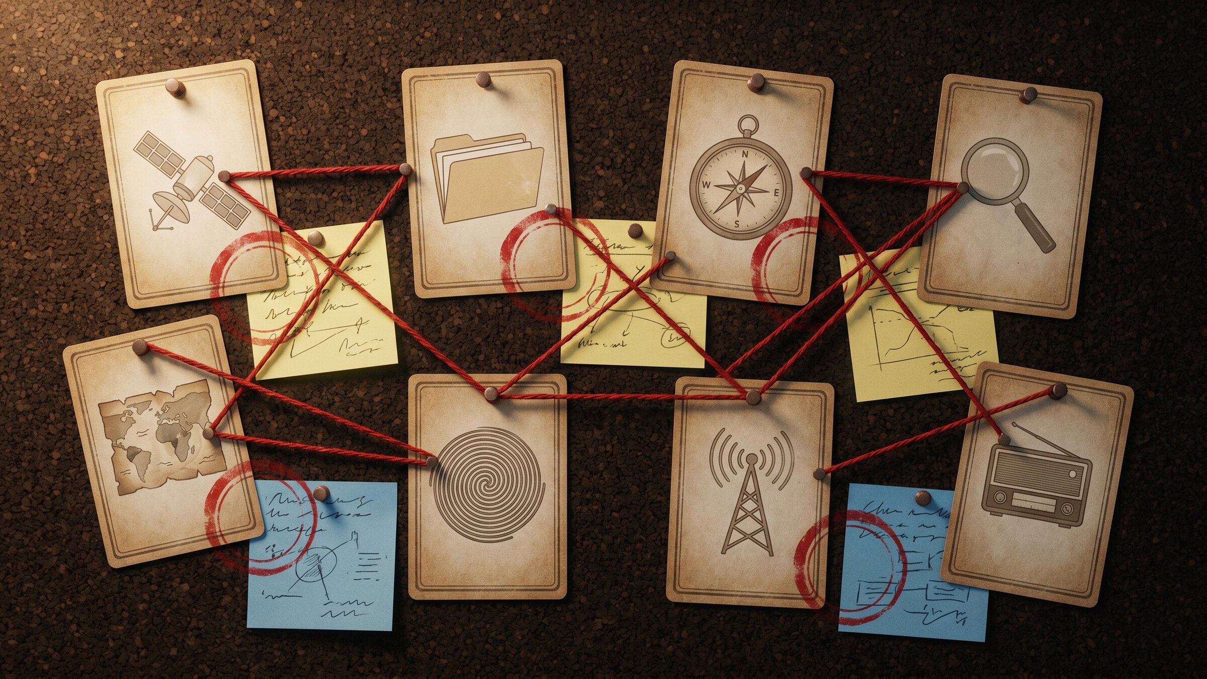 Mur d'investigation ComploDex — cartes épinglées, fils rouges, tampons « DOSSIER CLASSÉ »